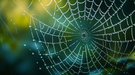 The sharp, detailed texture of a spider's web, with morning dew highlighting its precise construction.