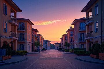 Early dawn perspective of European apartment complex, serene beauty of architecture in quiet morning. - obrazy, fototapety, plakaty