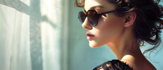 White woman wearing sunglasses, fashion portrait, elegance - obrazy, fototapety, plakaty