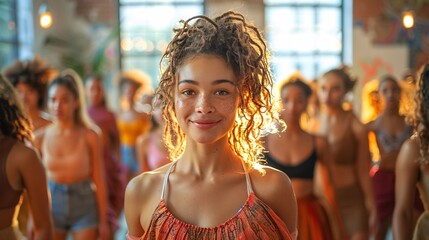 A smiling young woman with curly hair and freckles standing in front of a dance class group in a sunlit studio