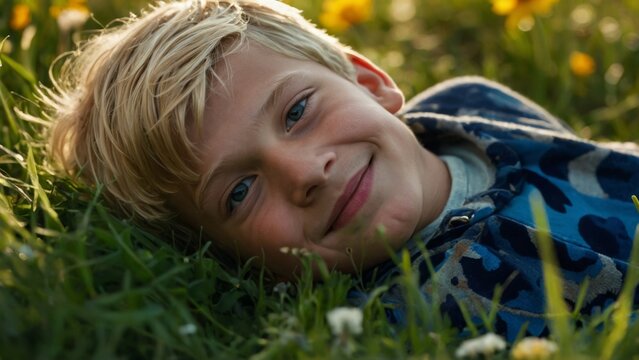 Portrait d'un enfant heureux couché dans l'herbe entouré de fleurs dans une prairie, zen, relax, sourire