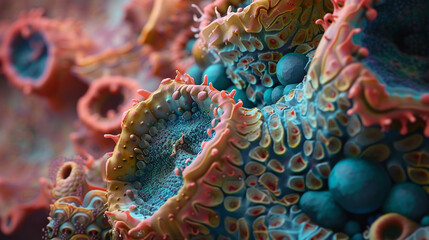 The vibrant, detailed texture of coral, with a focus on its color and the small creatures that...