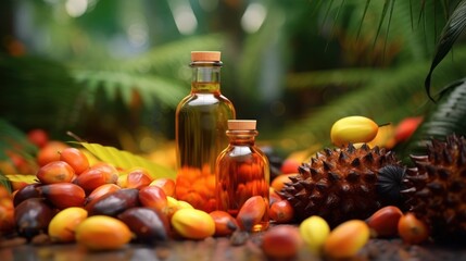 Palm oil in glass bottles Palm oil can also be produced as biodiesel. AI generated - obrazy, fototapety, plakaty