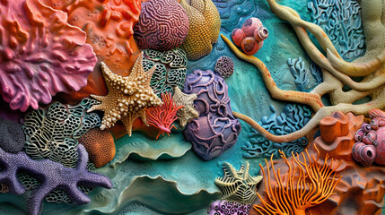 The vibrant, detailed texture of coral, with a focus on its color and the small creatures that...