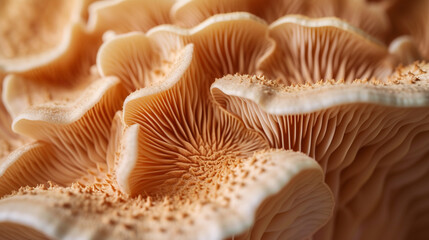 Ultra HD view of a mushroom's gills, highlighting their intricate patterns and soft texture - obrazy, fototapety, plakaty