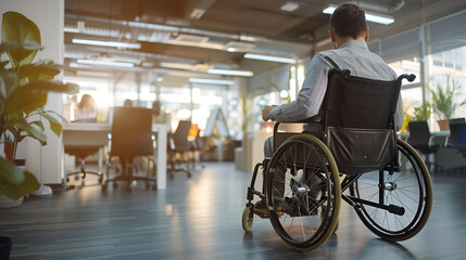 The back view of a man in a wheelchair illustrates the move towards inclusive workspaces, promoting autonomy and equality.