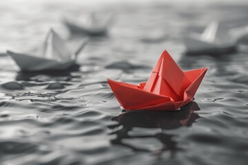 A Red Paper Boat Leading the Fleet: Symbol of Command and Vitality Generative AI