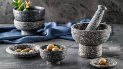  Three stone bowls, a mortar and pestle set