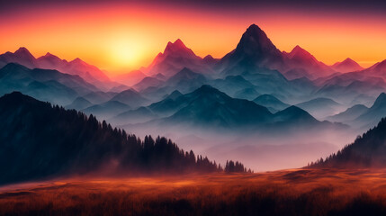 Obraz premium sunrise over mountains, surreal landscape. AI generative.