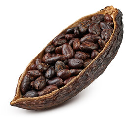 Cocoa pods and cocoa beans chocolate isolated on a white background. Cocoa bean with clipping path - 770048773