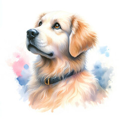 Watercolor painting of a golden retriever dog portrait.