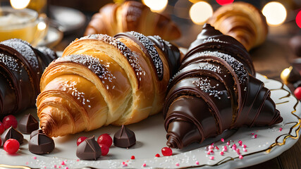 delicious croissant with chocolate on a plate	