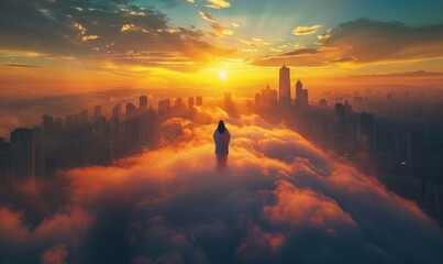 A heavenly spectacle as Jesus blesses a metropolis, signifying divine intervention and protection over the modern world - obrazy, fototapety, plakaty