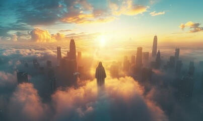 Jesus Christ stands on a cloud, overseeing and protecting a contemporary cityscape, a symbolic entry into modern Jerusalem - obrazy, fototapety, plakaty
