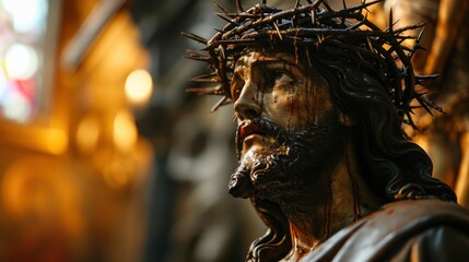 Dramatic depiction of Jesus Christ wearing a crown of thorns, symbolizing redemption