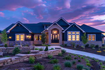 Elegant home at dusk with purple-blue sky, detailed landscaping around brick and stacked stone. The deep navy blue house offers serenity. - obrazy, fototapety, plakaty