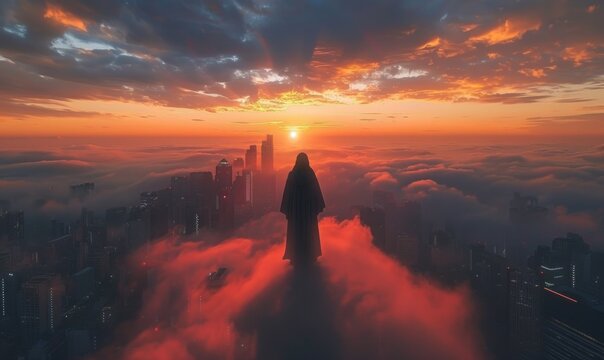 Heavenly protector watches over modern cityscape, Jesus Christ's presence brings spiritual assurance