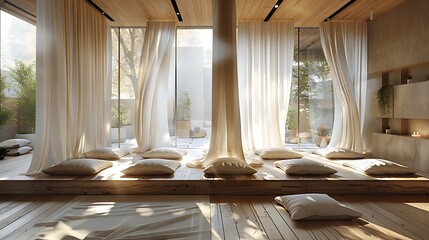 A serene meditation room, featuring a low wooden platform adorned with cushions and bolsters - obrazy, fototapety, plakaty