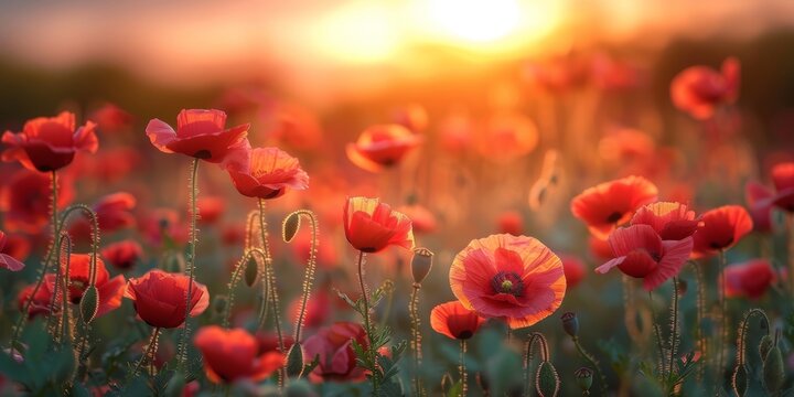 Low Angle Photography of Poppy Flowers with Blurred Sunset Background Generative AI