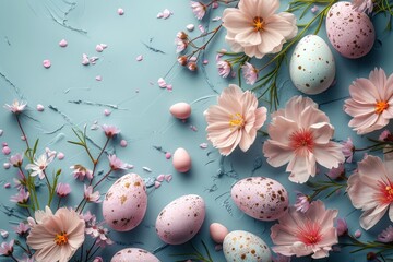 Fototapeta na wymiar Minimalist Modern Easter Background with Pastel Flowers and Eggs Generative AI