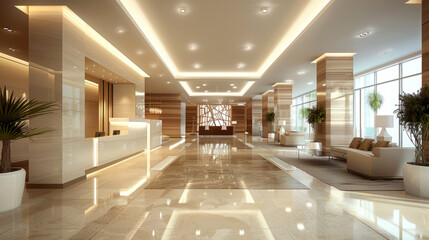A beautiful modern spacious office hall with panoramic windows in pleasant natural beige tones - obrazy, fototapety, plakaty