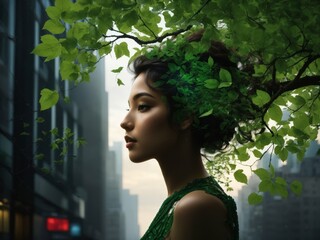 Une femme urbaine avec des feuilles vertes dans les cheveux et un paysage urbain en arrière-plan., envie de retour à la nature  - obrazy, fototapety, plakaty