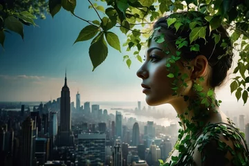 Fotobehang Une femme urbaine avec des feuilles vertes dans les cheveux et un paysage urbain en arrière-plan., envie de retour à la nature  © Geenius Stock
