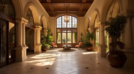 Luxury hotel lobby with large windows and arches, wide panorama
