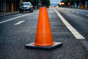 Traffic cone on the road. Road cone on the asphalt. Traffic cone, with white and orange stripes on gray asphalt