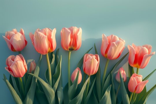 Realistic Blue Tulips on Pastel Flat Lay Generative AI