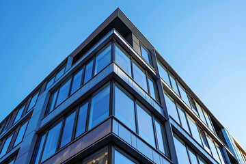 Facade of sleek, contemporary European apartment building, showcasing innovative use of glass and metal materials under clear blue sky.