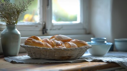 A vase of flowers sits beside a basket of croissants on a table - obrazy, fototapety, plakaty