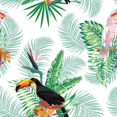 tropical floral vector pattern with toucan and parrot.