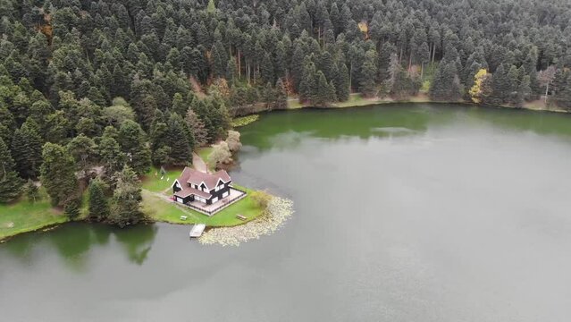 Aerial view of Golcuk National Park Bolu Turkey. Wooden Lake house inside forest in National Park