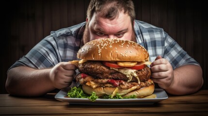 A portly, middle-aged man sits at a table, clearly anticipating savoring the substantial hamburger before him.