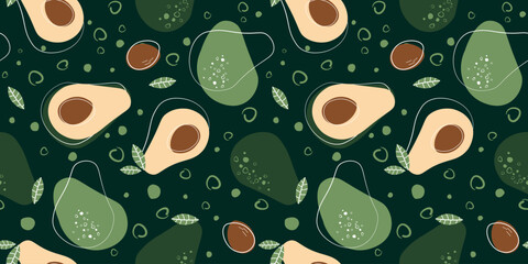 Seamless pattern with abstract avocado fruits, halves, seeds. Print with healthy nature food. Vector graphics.