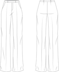Technical drawing. Women's classic tailored high waisted wide pants with French pockets and a fly. Belt with loops. Front and back. On Body.
 - obrazy, fototapety, plakaty