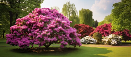 A purple flower tree stands in the center of a park, surrounded by grass and shrubs. The vibrant...