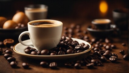 Delicious coffee beans and cup - obrazy, fototapety, plakaty