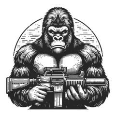 Fotobehang gorilla gripping a weapon rifle, in black and white sketch engraving generative ai fictional character vector illustration. Scratch board imitation. Black and white image. © Oleksandr Pokusai