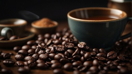 Delicious coffee beans and cup
