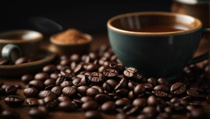 Gordijnen Delicious coffee beans and cup © Moon