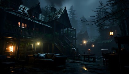 Old wooden house in a foggy forest at night, panorama