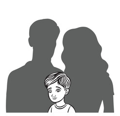 Sad and abandoned boy with the figures of his parents behind him represented by a shadow. Isolated on transparent background