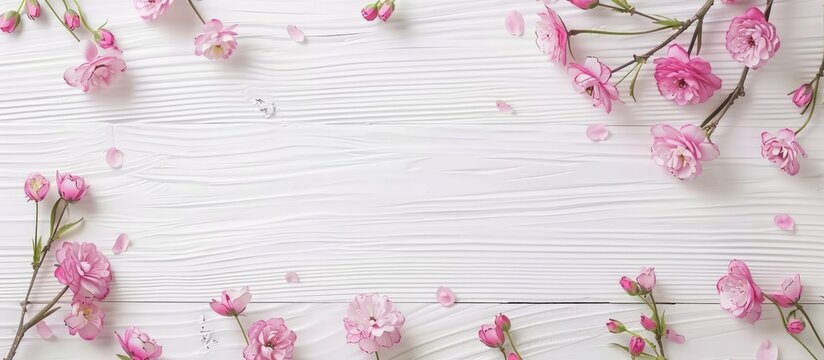Pink flowers on a white wooden background during spring season, arranged flatly with a top view and space for text.
