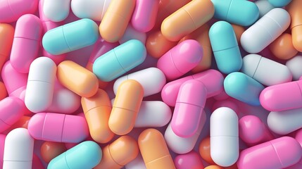 3d background with colorfull pills capsules and tablets. Healthcare and medical pharmacy 3D illustration concept.