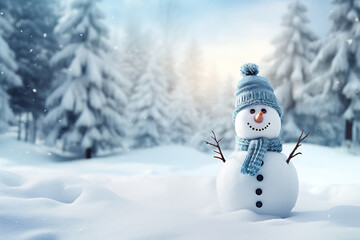 Fototapeta premium Charming snowman adorned with a hat and scarf, greeting a serene winter day, amidst a softly lit snowy landscape
