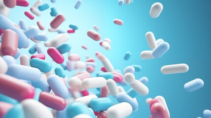 Group of tablets, pill capsule flying on blue background. Healthcare and medical 3D illustration concept.