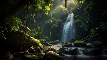 Panoramic view of a waterfall in tropical rainforest. Panorama - obrazy, fototapety, plakaty