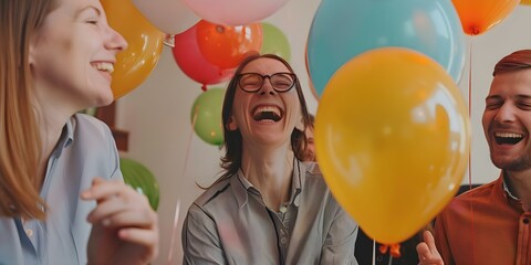 Office colleagues cheerfully congratulate a coworker on their recent promotion with balloons and smiles all around. Concept Celebration, Promotion, Office Life, Colleagues, Congratulations